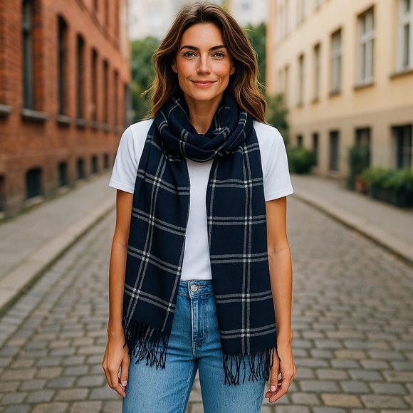 J. Crew Blue and Gray Plaid Scarf with Fringe - Picture 1 of 3